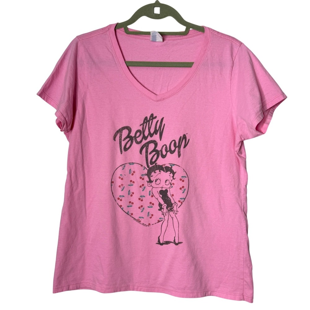 Betty Boop Pink Cherry Heart Cotton V-Neck T-Shirt Port and Company Womens Large